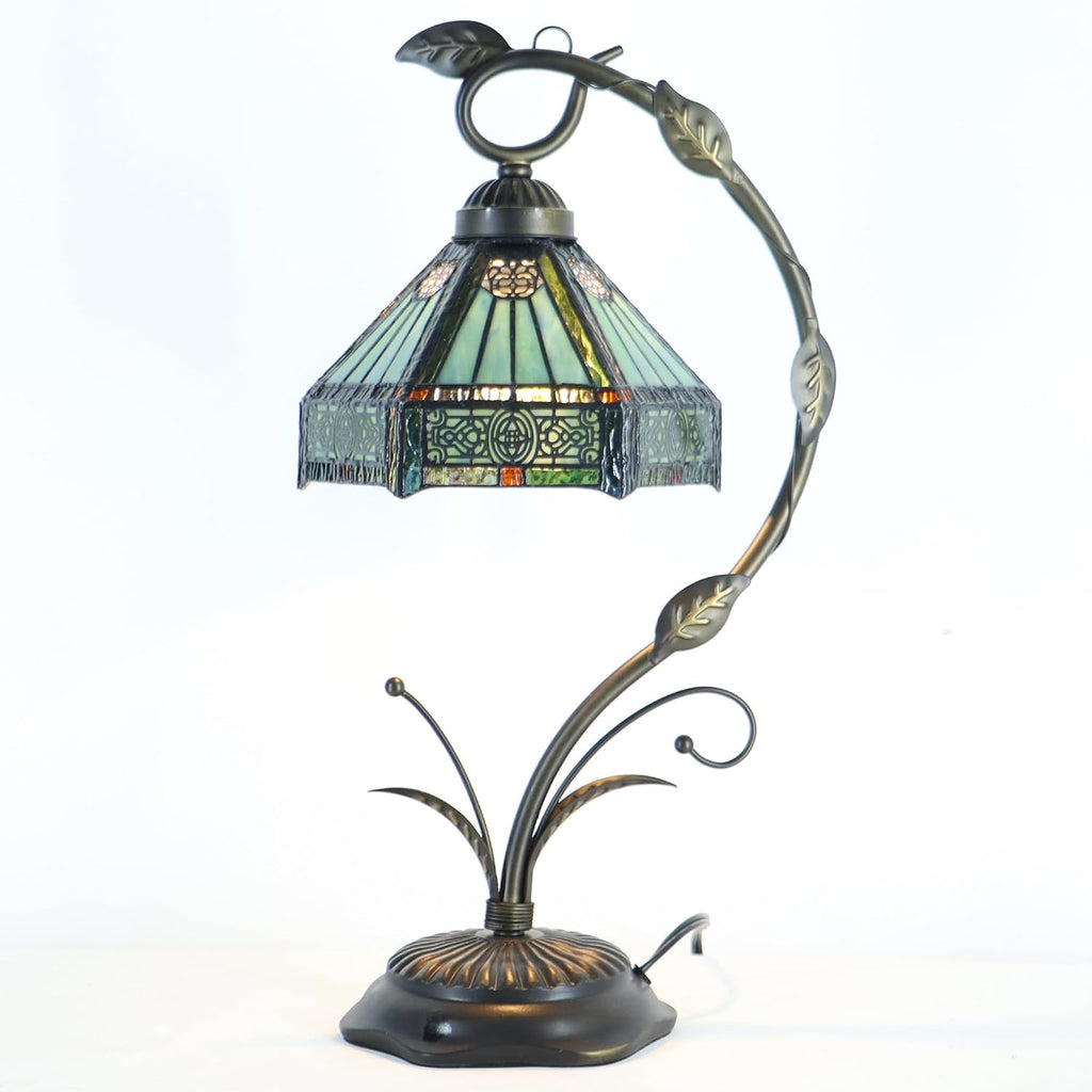 Tiffany lamp Stained Glass Table Lamp, Mission Style Desk Reading Light with Metal Leaf Base, 8X10X19 Inches (Mission Style)