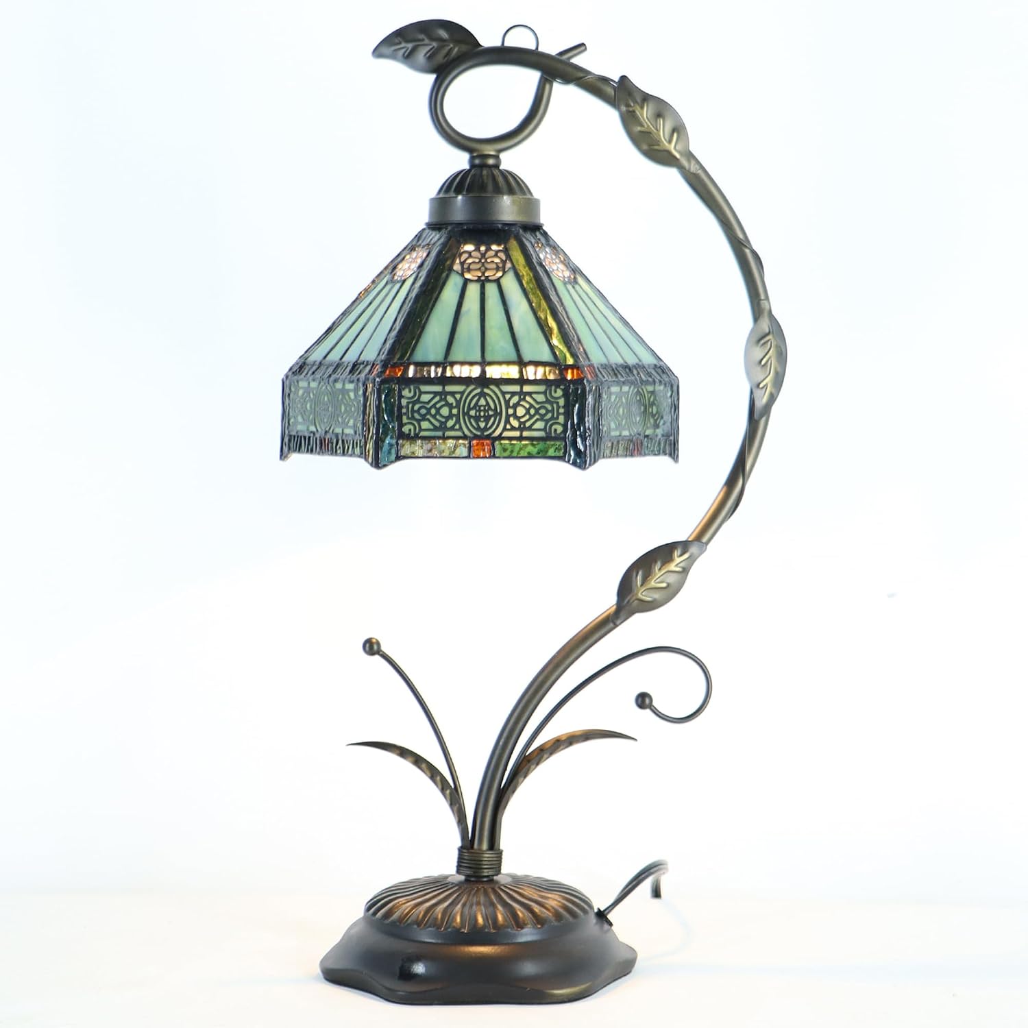 Tiffany lamp Stained Glass Table Lamp, Mission Style Desk Reading Light with Metal Leaf Base, 8X10X19 Inches (Mission Style)