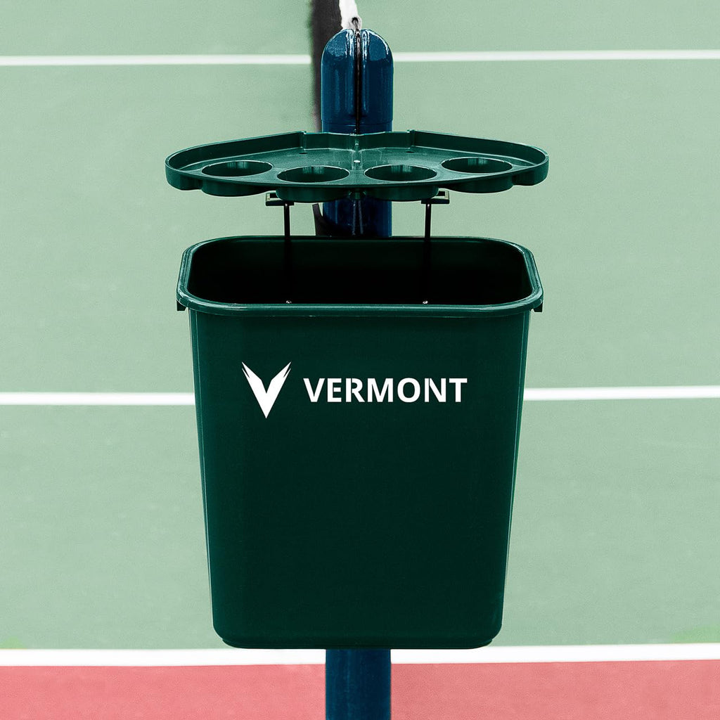 Vermont Tennis Court Trash Can & Shelf | Durable PVC with Aluminum Bracket