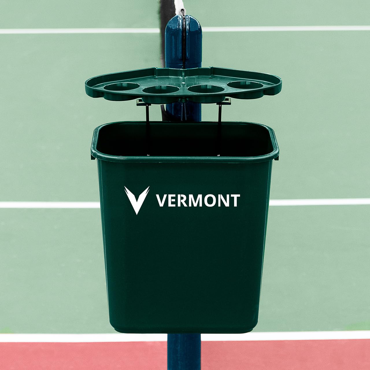 Vermont Tennis Court Trash Can & Shelf | Durable PVC with Aluminum Bracket