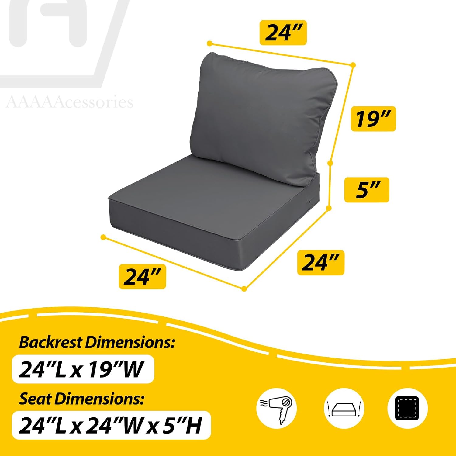 AAAAAcessories Outdoor Deep Seat Cushions, Waterproof, Fade-Resistant Patio Furniture Replacement Cushions, 24' x 24' x 5', Set of 4, Dark Gray