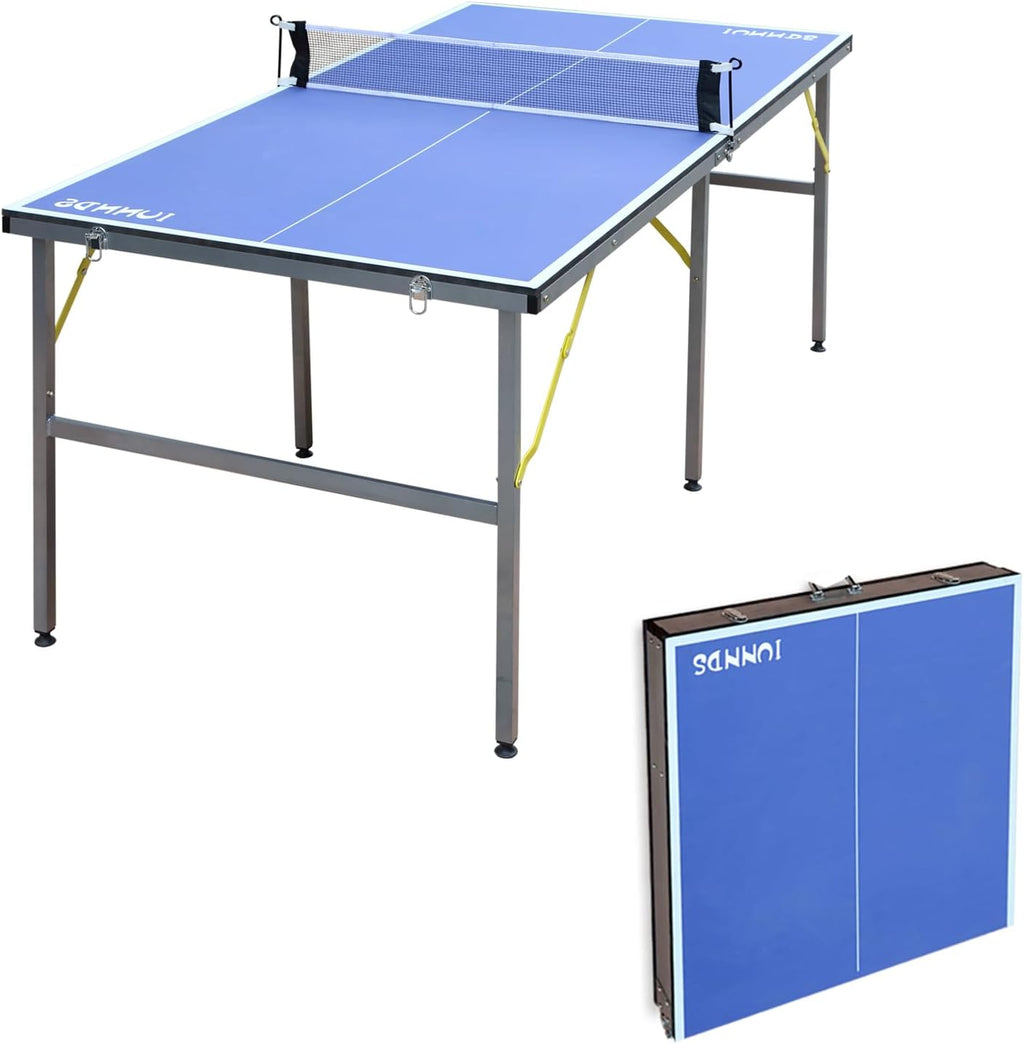 IUNNDS Portable Table Tennis Table 6/8/8.5/9FT Foldable Ping Pong Game Set for Indoor with Net and Post Set, 2 Paddles and 3 Balls
