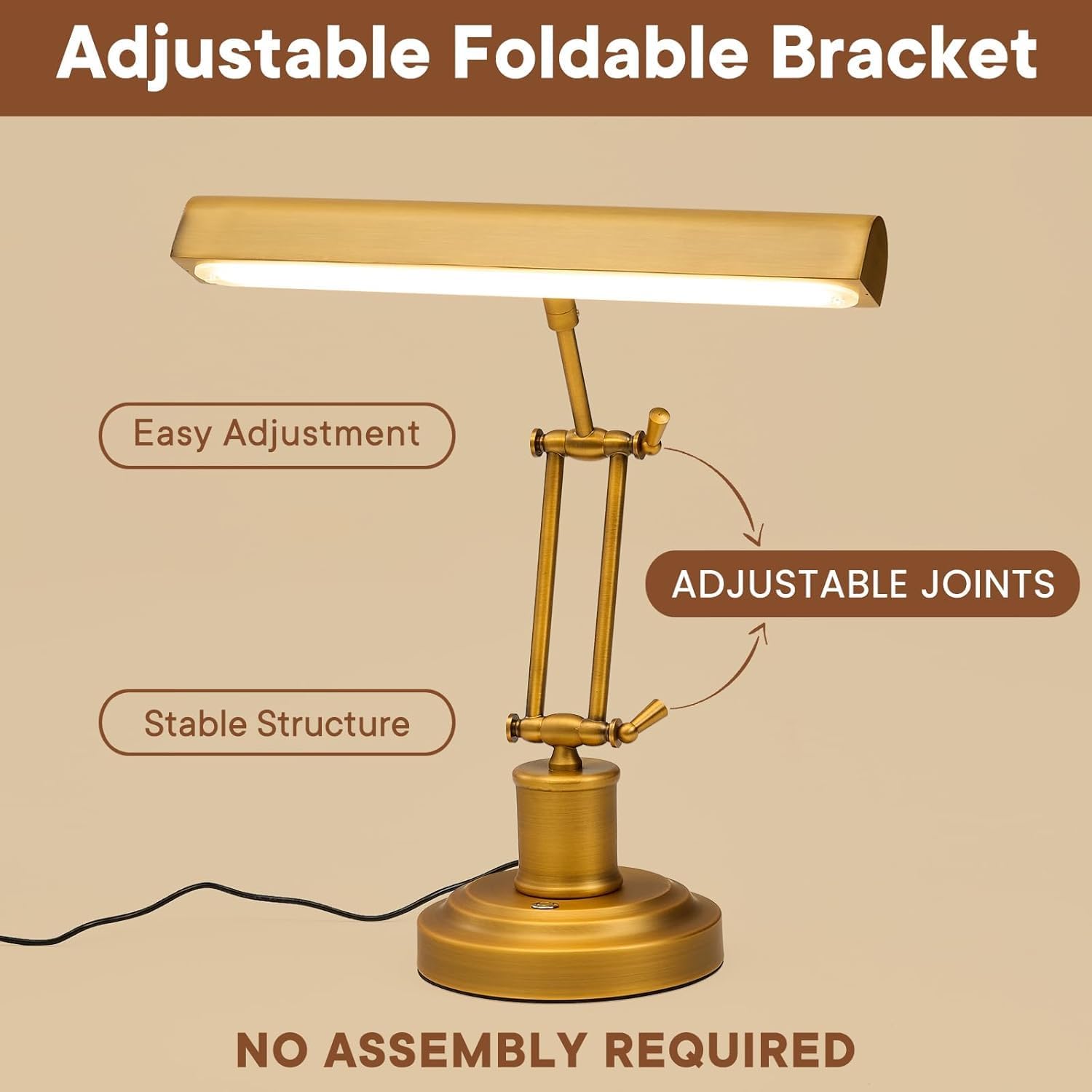 Brass Piano Lamp with 3-Way Touch Control, Vintage Gold LED Music Light for Grand/Upright Pianos, Stepless Dimming, 95+ CRI Eye-Care, Foldable Office Desk Lamp for Reading, Bankers, Library