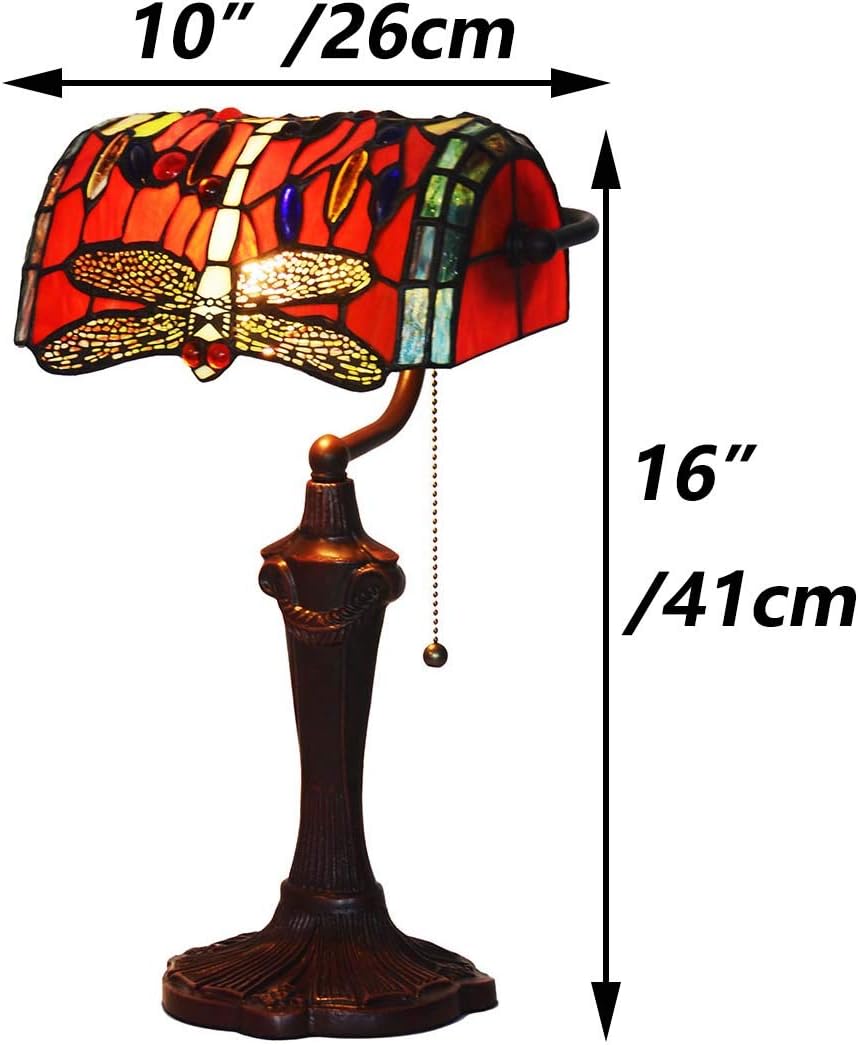 Bieye L10057 Dragonfly Tiffany Style Stained Glass Bankers Desk Lamp Table Lamp for Reading Working Home Decoration, 10' W x 16' H (Red)