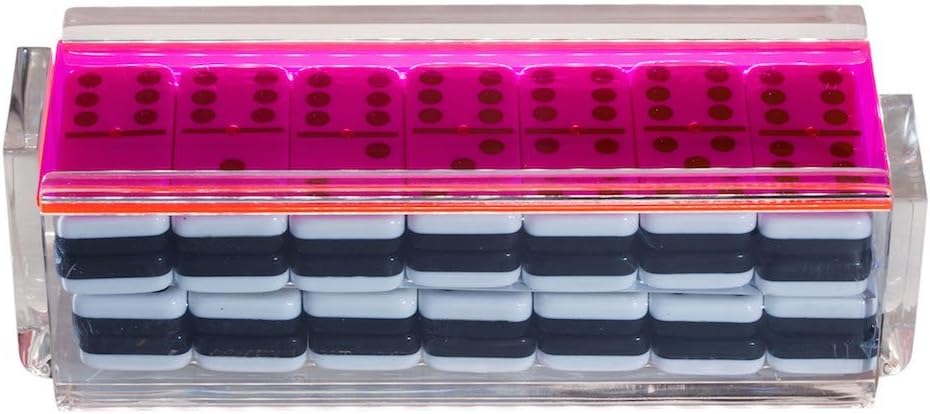 Modern Double Six Jumbo Tiles Dominoes Set, Acrylic Box with Acrylic Lid, Professional Two Toned Black and White Dominoes, Brass Center Rivet, Made in USA (Neon Pink)