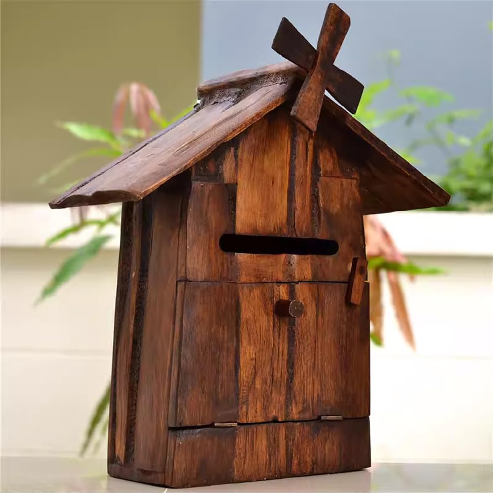 Windmill Wooden Letter Box Pastoral Country Mailbox Wall Mounted Post Box in Vintage and Distressed Style for Outdoor Use