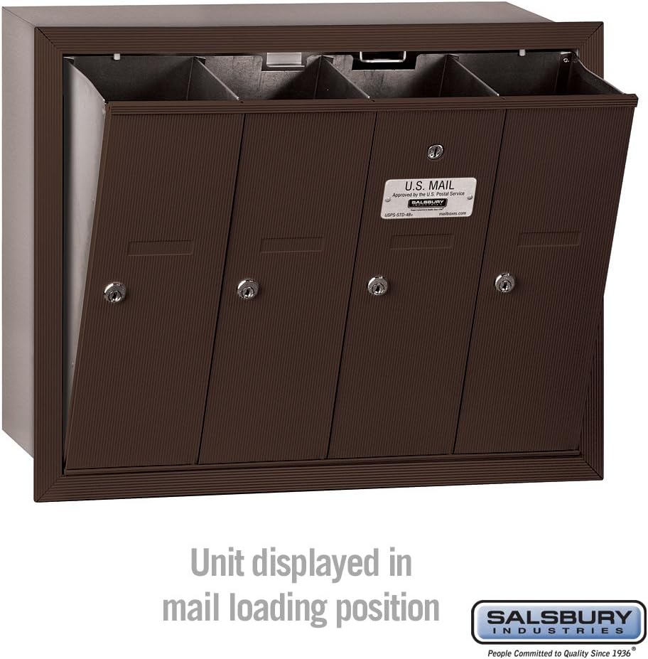Salsbury Industries 3504ZRU Recessed Mounted Vertical Mailbox with USPS Access and 4 Doors, Bronze