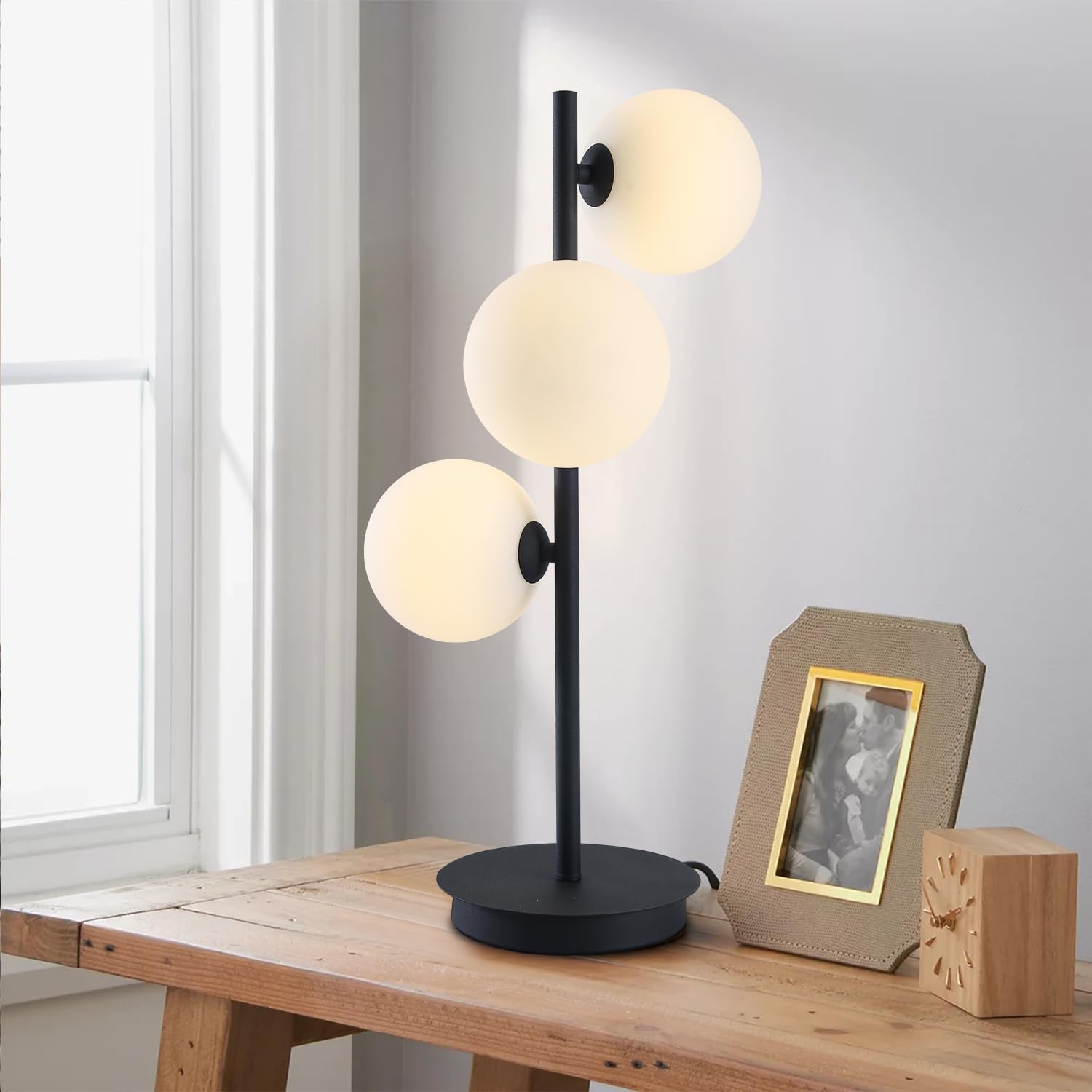 Mid Century Modern Table Lamp, Black Nightstand Lamp, White Glass Globe Desk Lamp, 3 Lights Contemporary Bedside Lamp for Bedroom Living Room Study Room