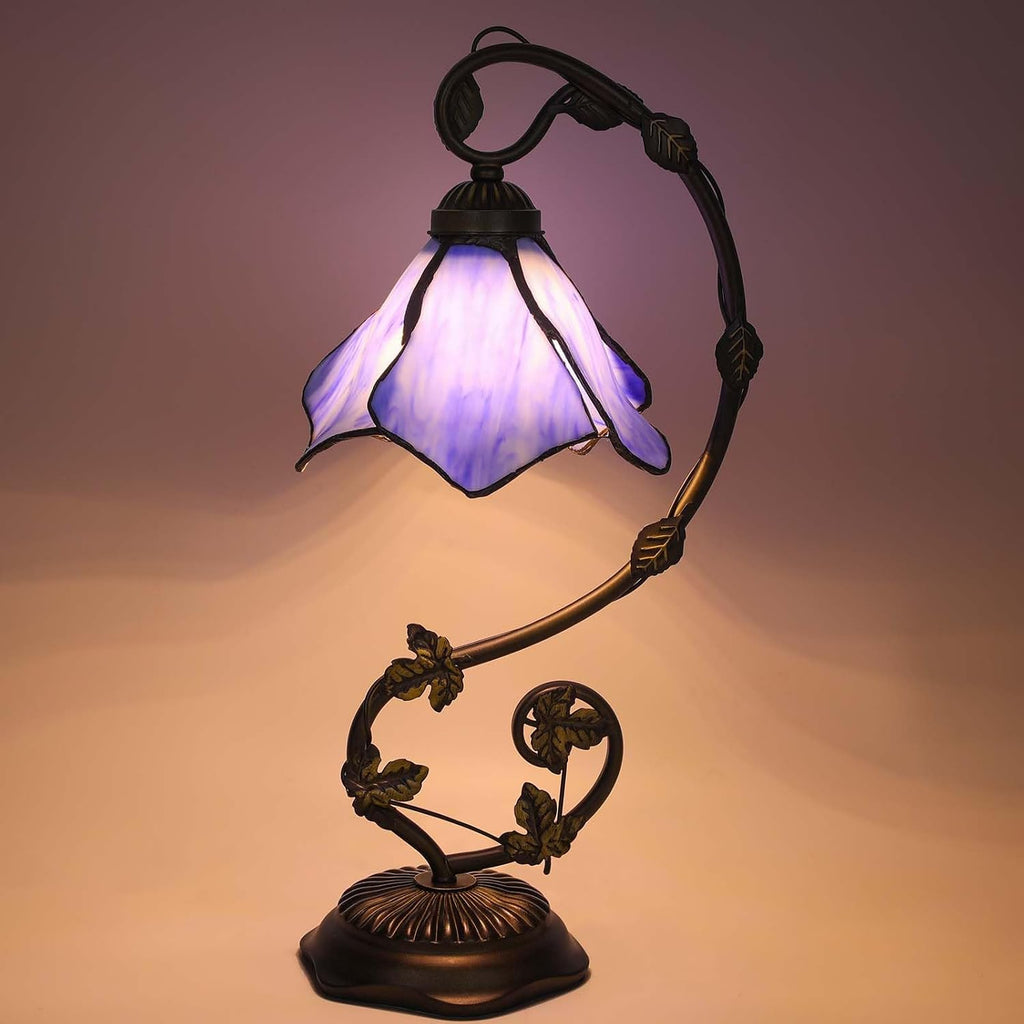 Stained Glass Table Lamp, Blue Flower Style Metal Leaf Base Desk Reading Light, Adjustable 3 Color Temperature Decor for Bedroom Home Office