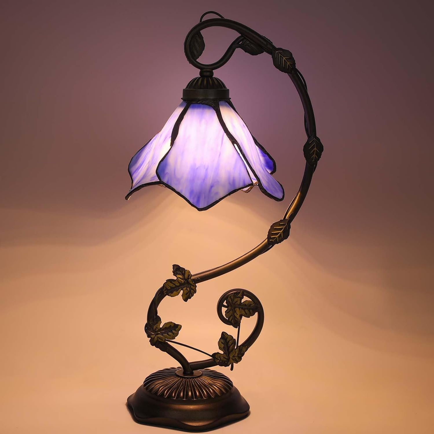 Stained Glass Table Lamp, Blue Flower Style Metal Leaf Base Desk Reading Light, Adjustable 3 Color Temperature Decor for Bedroom Home Office