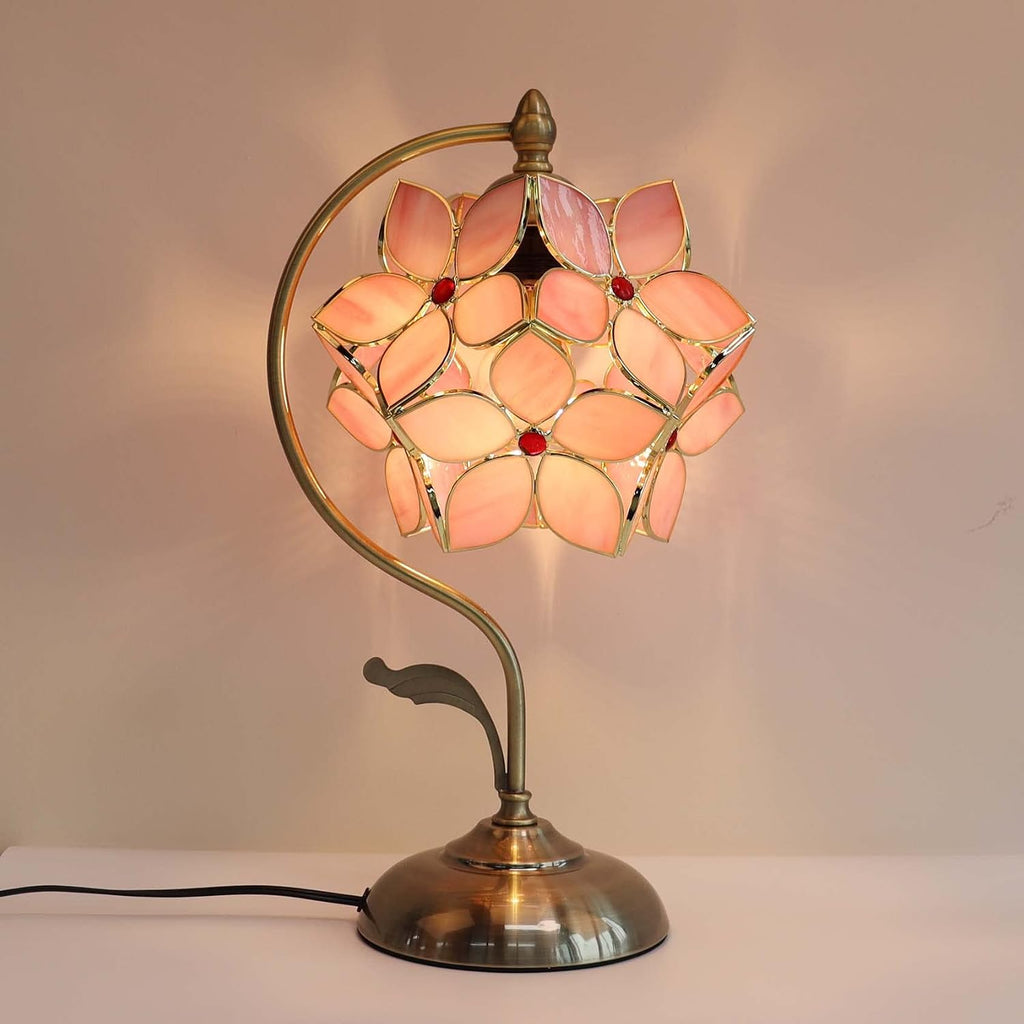 Bieye L10832 Tiffany Style Stained Glass Flower Petal Table Lamp with Brass Base for Home Décor (Pink, 8' Apple Blossom)