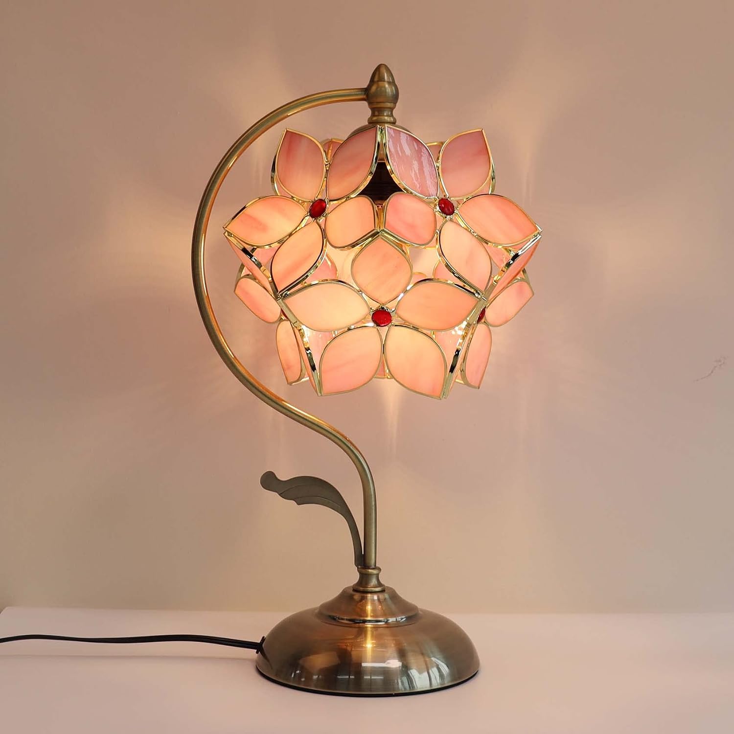 Bieye L10832 Tiffany Style Stained Glass Flower Petal Table Lamp with Brass Base for Home Décor (Pink, 8' Apple Blossom)