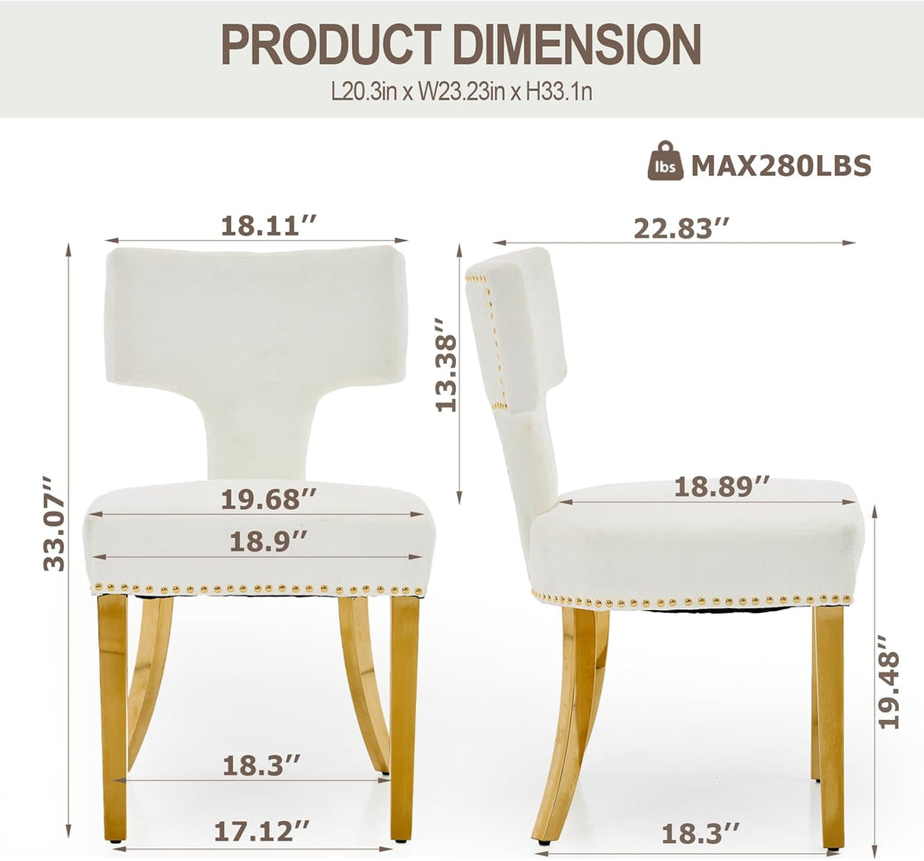 Dining Chair Set of 2 Linen Fabric Curved Backrest Farmhouse Mid Century Accent Upholstered Kitchen Chairs with Gold Legs and Foot Pad for Dining Room/Living Room/Restaurant,Beige