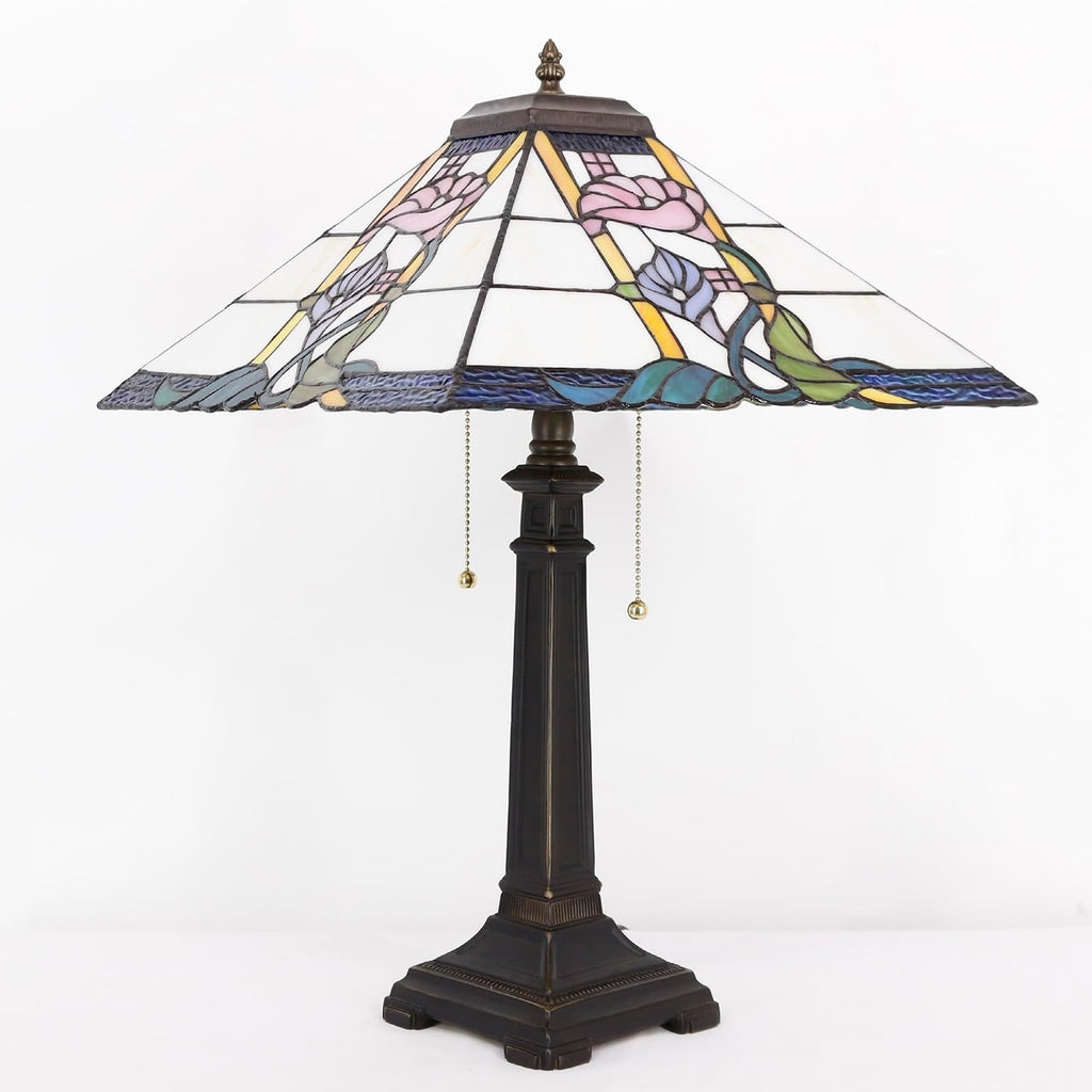 Tiffany Table Lamp Pink Flower Mission Style Stained Glass 16X16X23 Inches Desk Reading Light for Bedrooms Living Room Study Home Office