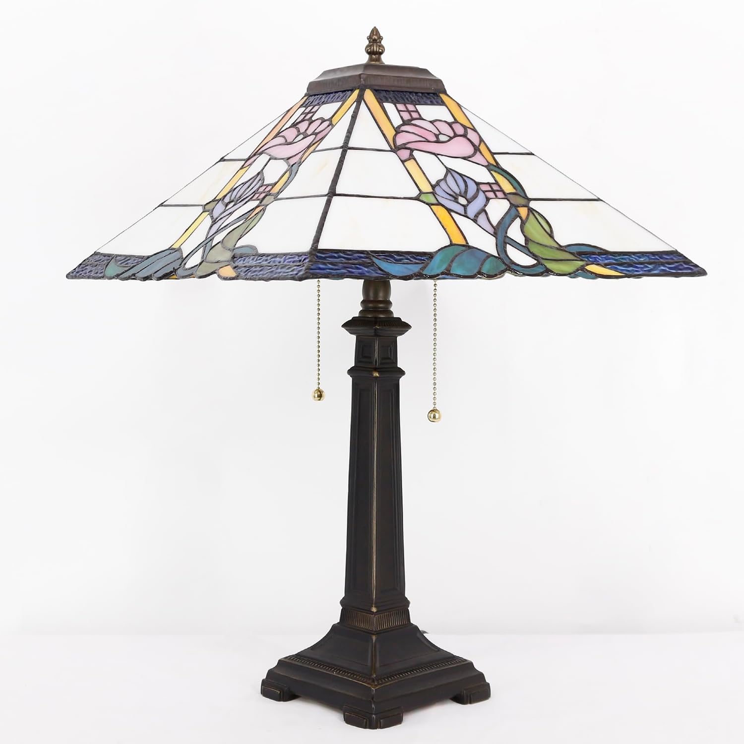 Tiffany Table Lamp Pink Flower Mission Style Stained Glass 16X16X23 Inches Desk Reading Light for Bedrooms Living Room Study Home Office