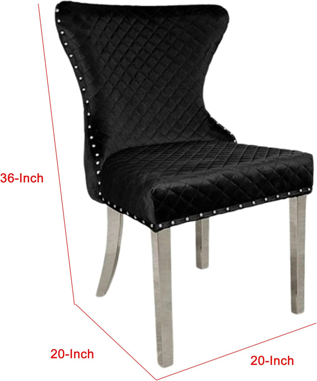 Anova Side Dining Chair Set of 2, Rivet Trim, Silver Stainless Steel, Black Fabric