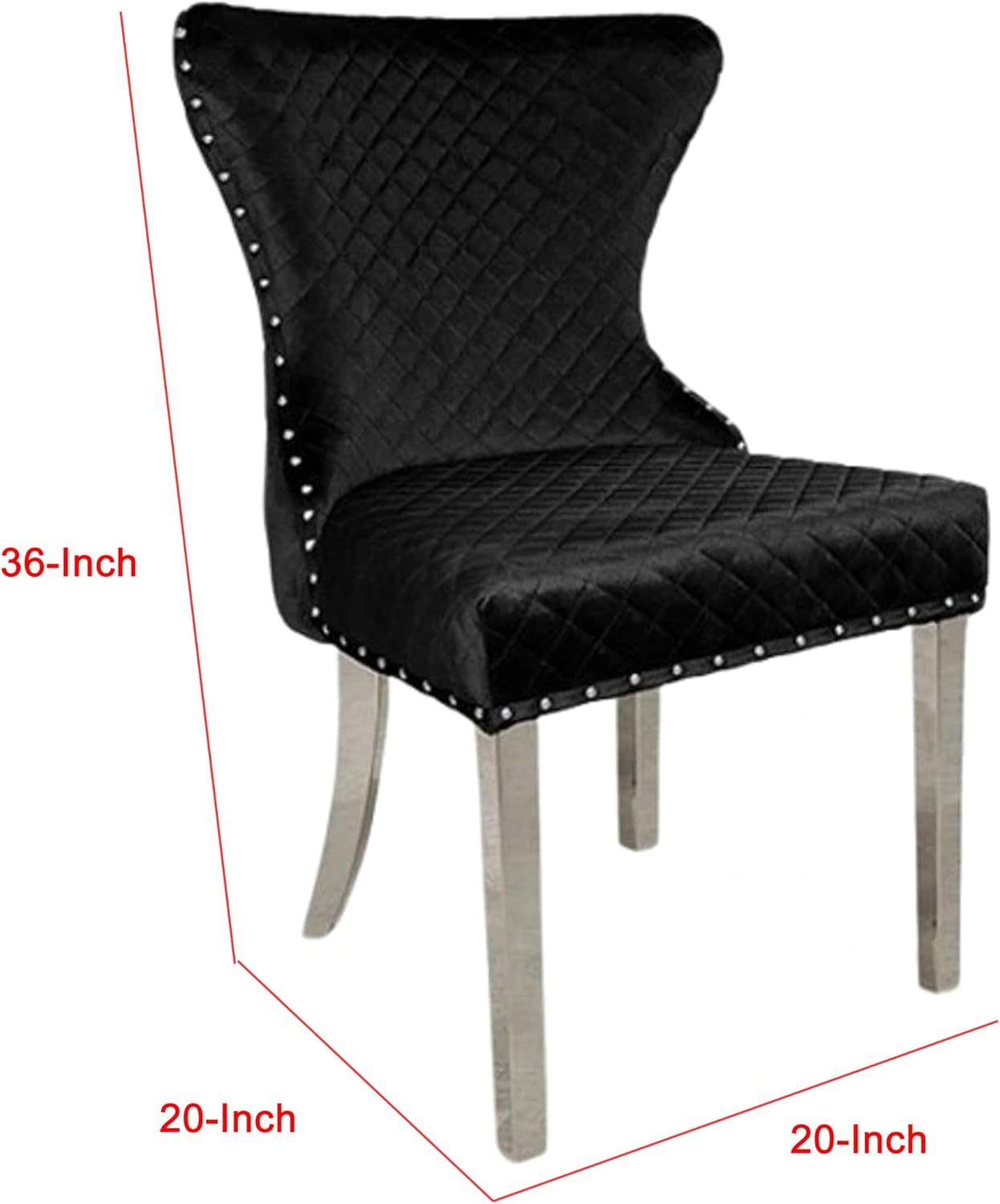 Anova Side Dining Chair Set of 2, Rivet Trim, Silver Stainless Steel, Black Fabric