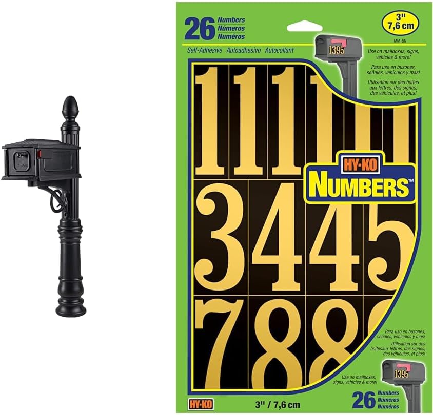 Architectural Mailboxes Stratford Plastic Mailbox and Post Kit, SC000BAM, Black, Medium Capacity & Hy-Ko Products MM-5N Self Adhesive Vinyl Numbers 3' High, Black & Gold, 26 Pieces