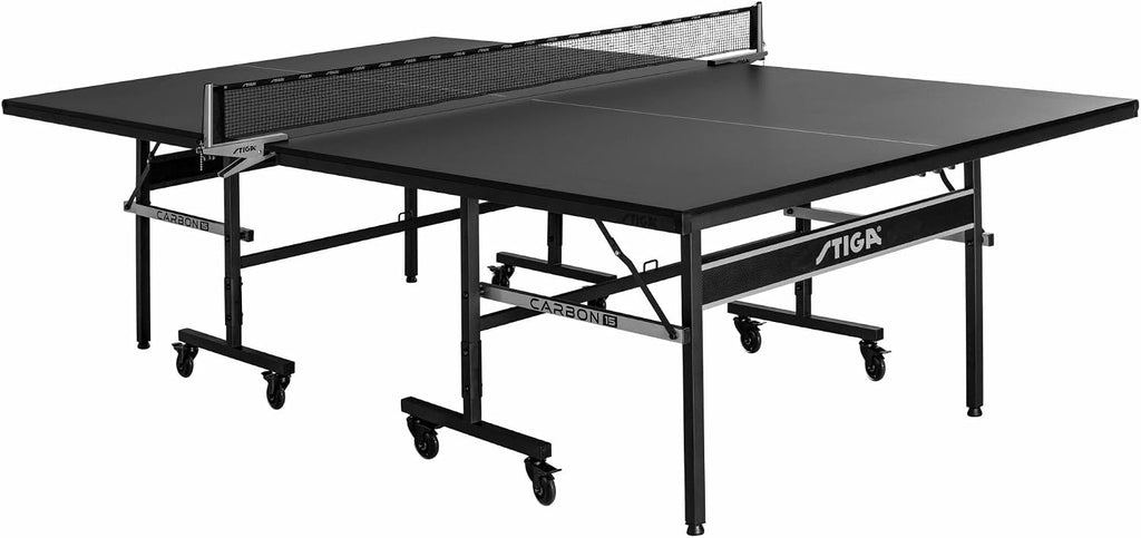 STIGA Carbon Series Indoor Table Tennis Table with 15mm - 18mm Performance Top, QuickPlay Assembly, Built-in Ball Storage, Foldable Playback Mode & Lockable Casters