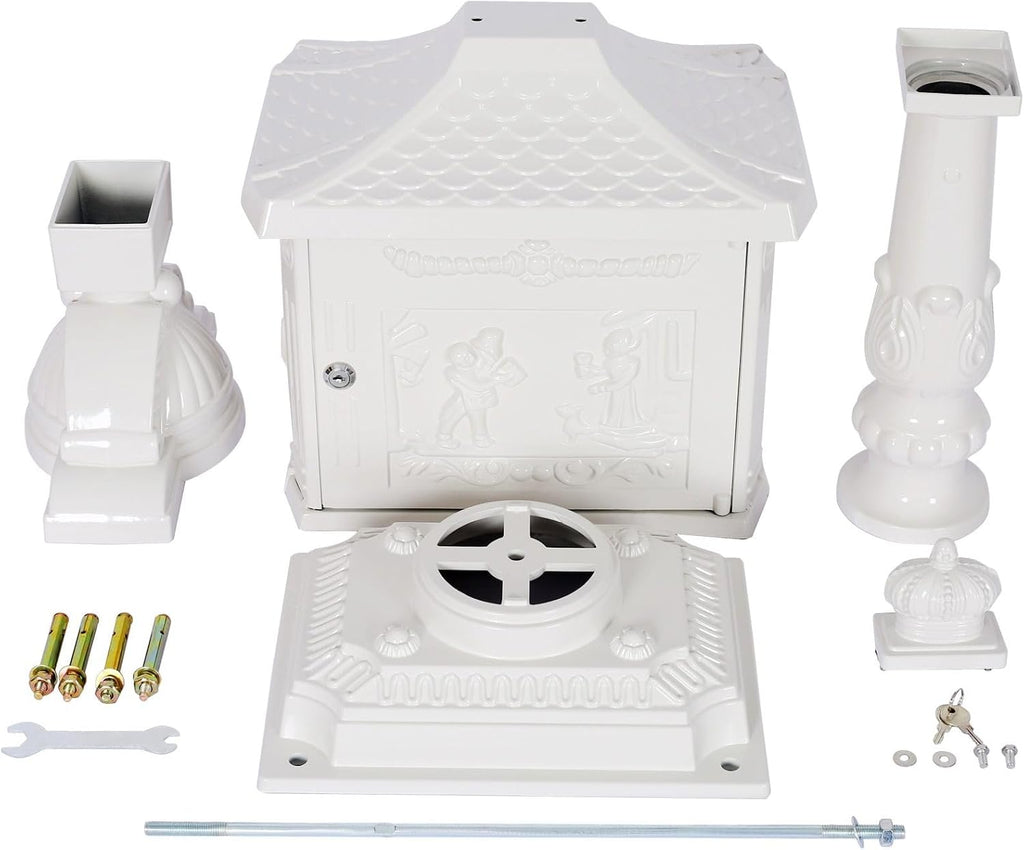 Cast Aluminum Post Mount Mailbox, Heavy Duty Courtyard Villa Decoration Vertical Security Postal Mailbox, White