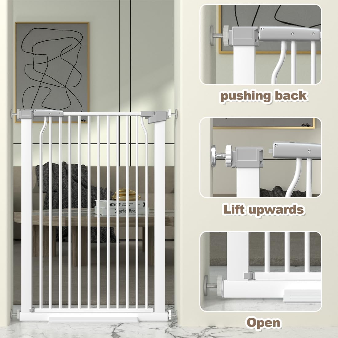 41' Extra Tall Cat Gate for Doorway, 40.6-54.7 Metal Pet Baby Safe Gate, Extra Wide Pressure Mounted Child Door with Expansion Kit, No Drilling No Climb Cat Fence Indoor, Tall Dog Gate, White