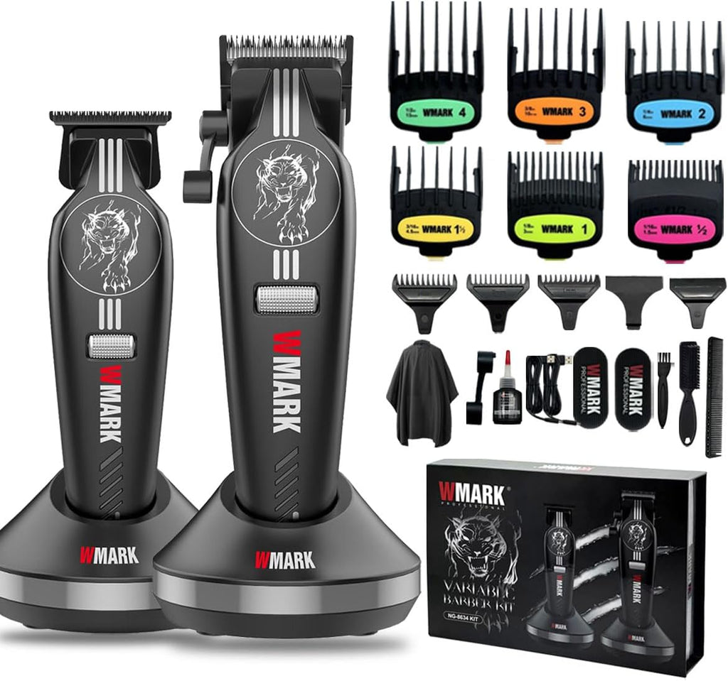 WMARK Hair Clippers for Men Professional Barber Clippers for Hair Cutting Cordless Clippers and Trimmers Set, Stepless Speed Control, Long Battery Life, DLC Titanium Ceramic Fade Blades NG-8634KIT