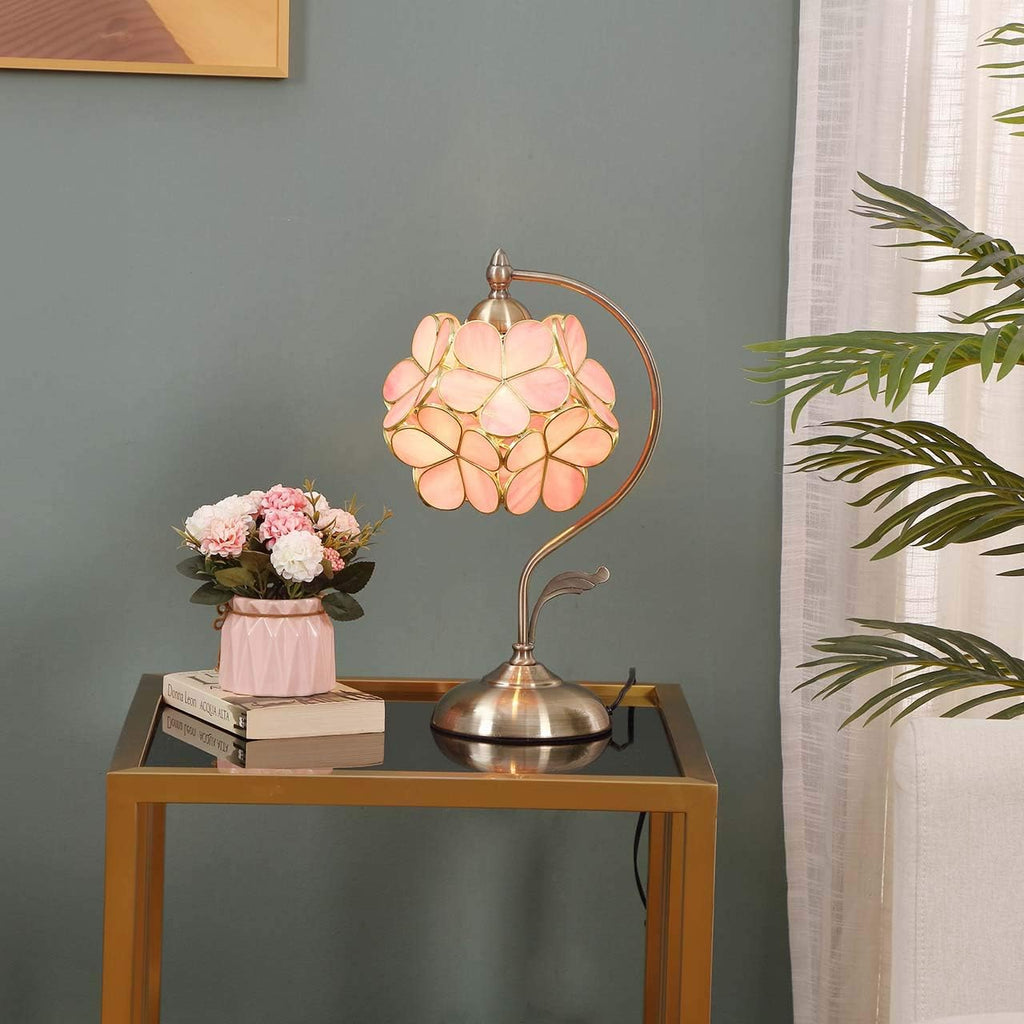 Bieye L10732 Tiffany Style Stained Glass Flower Petal Table Lamp with Brass Base for Home Décor (Pink, 8' Cherry Blossom)