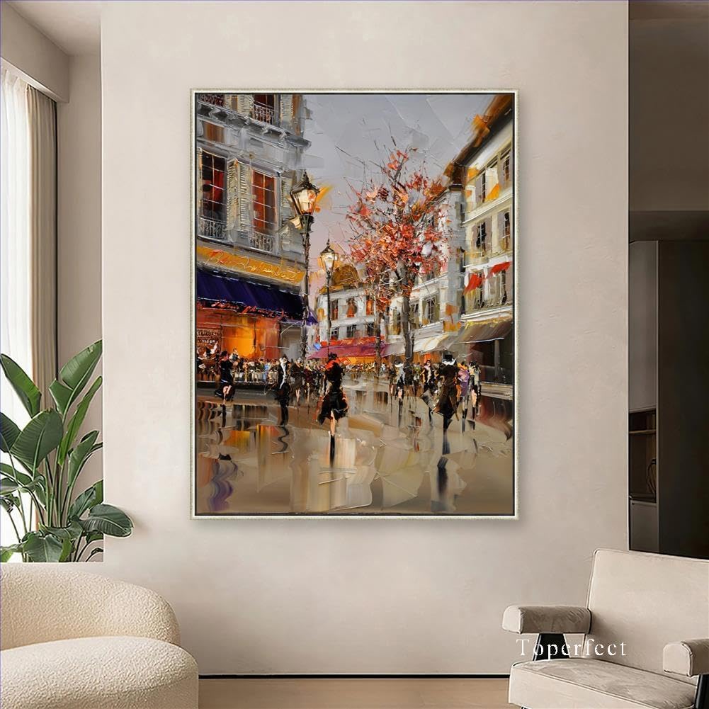 24 Modern Contemporary Cityscape Art - Oil Painting on Canvas Featuring Pink Blossoming Trees, Urban Streets, and Stylish Girls. Handmade European Artwork by College Teachers, Perfect for Home decor