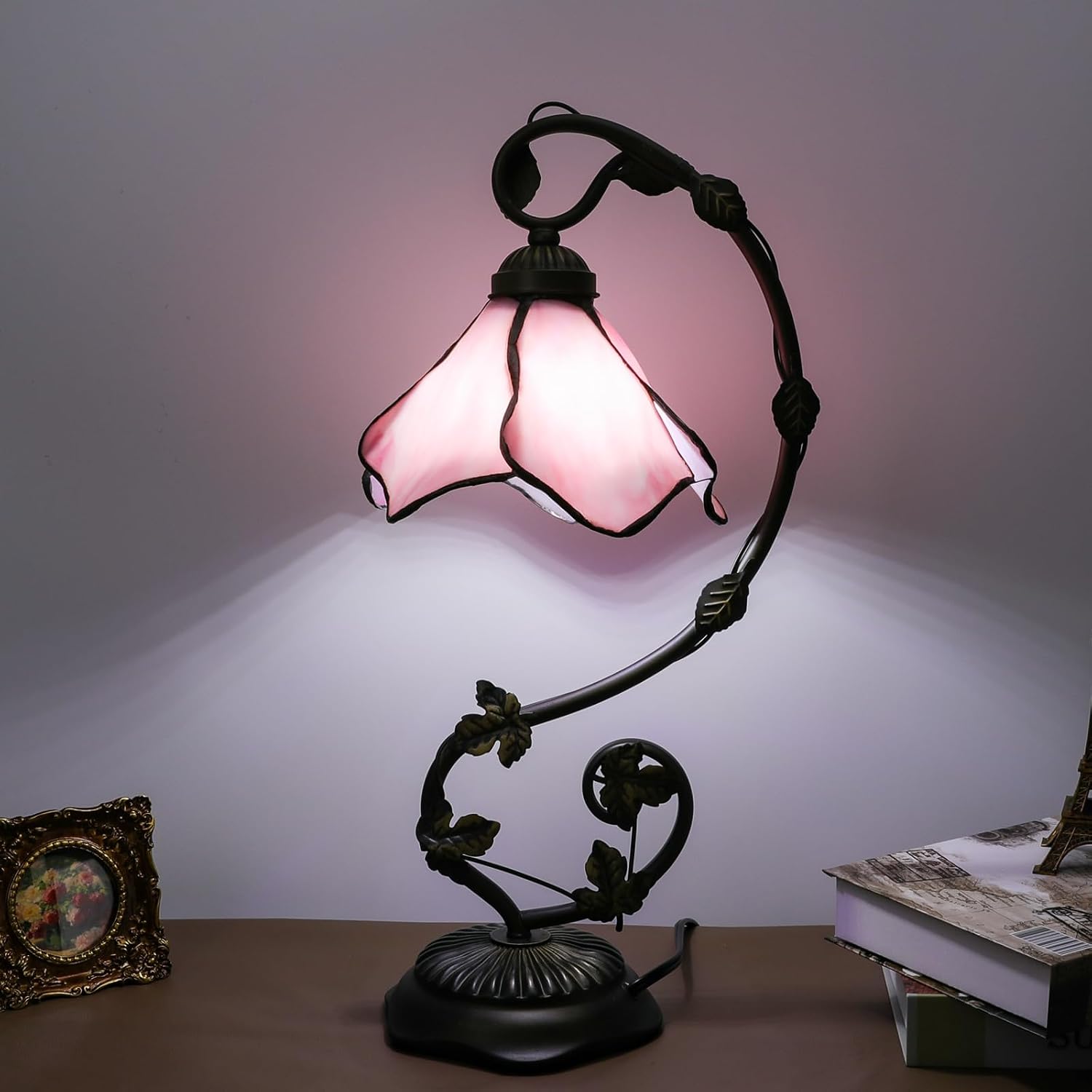 Stained Glass Table Lamp, Pink Flower Design 10x20 Inch Reading Light, 3 Color Temperature LED Bulb for Bedroom Living Room Office Decor