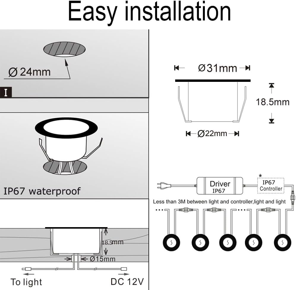 Sumaote LED Deck Lights Kit 50 Pack, 1.22' Low Voltage WiFi RGBW+IC Multicolor Dynamic Recessed Deck Lighting, IP67 Waterproof 12V Step Lights Outdoor for Garden Yard Path Stairs