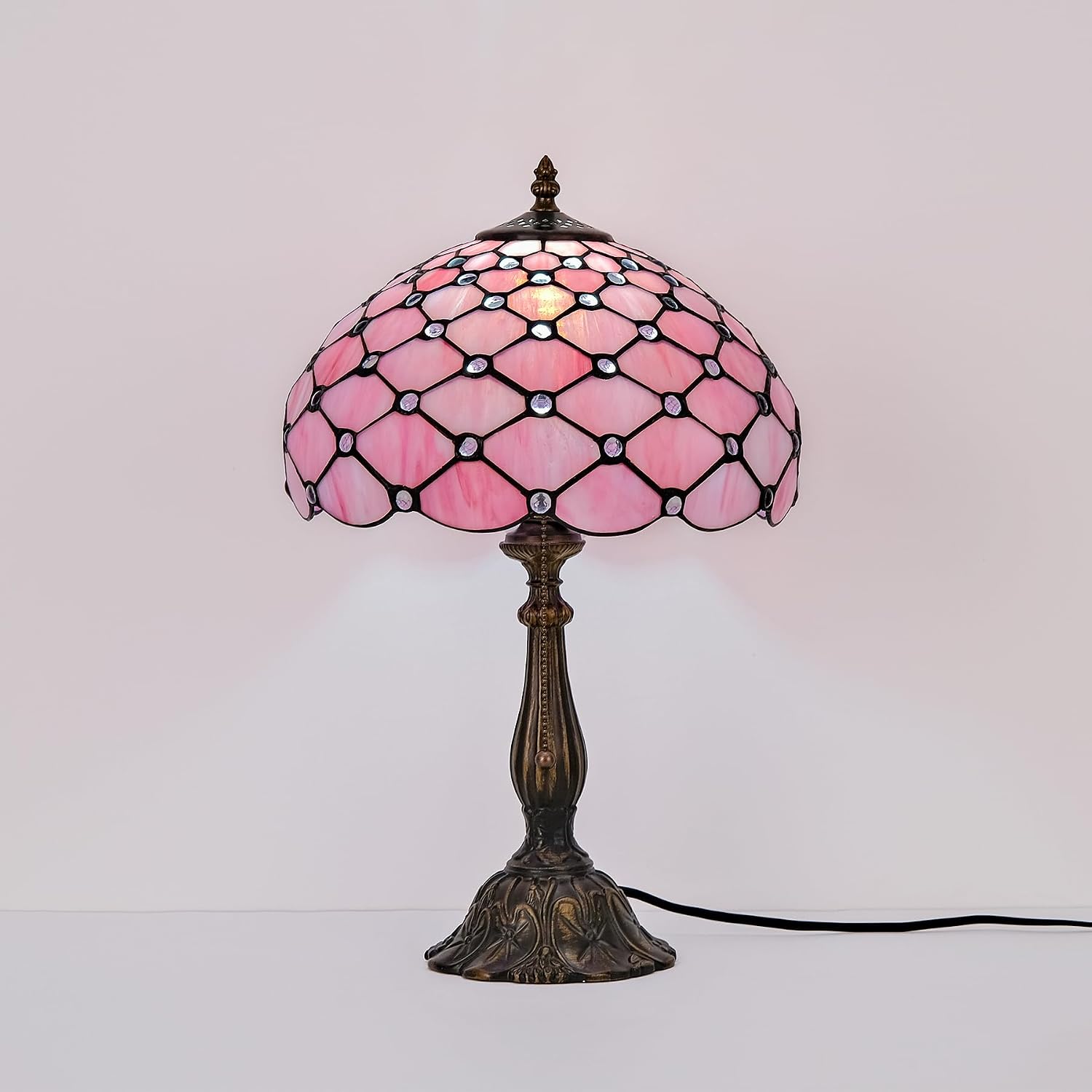 Tiffany Lamp Vintage Pink Stained Glass Bead Table Lamp Desk Bedside Reading Light Decor Bedroom Living Room Home Office D12*H18 Inches