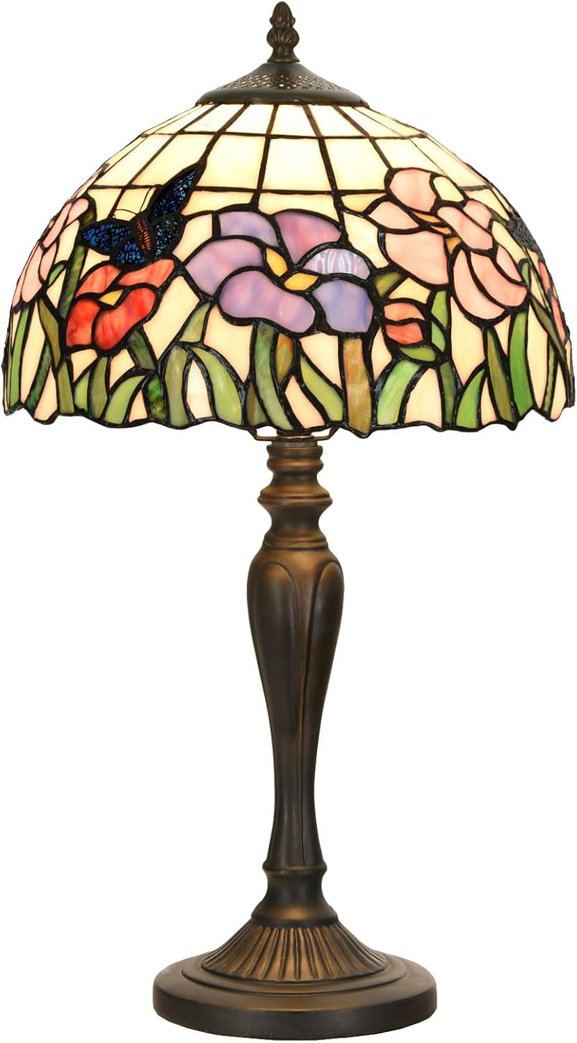 TL0001 Tiffany Table Lamp Handmade Stained Glass Flowers Butterfly Design Lampshade Reading Desk Light 12X21.5 Inches for Bedroom Living Room Home Office,LED Bulb Included