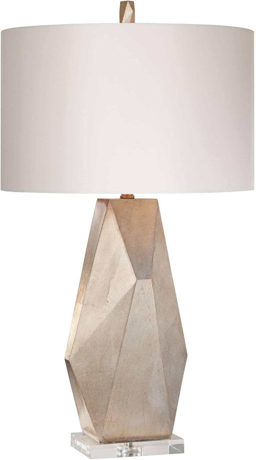 Possini Euro Design 32 1/2' Tall Geometric Large Mid Century Modern Glam End Table Lamps Set of 2 Champagne Gold Living Room Bedroom Bedside Nightstand House Office Home Reading Off-White Shade