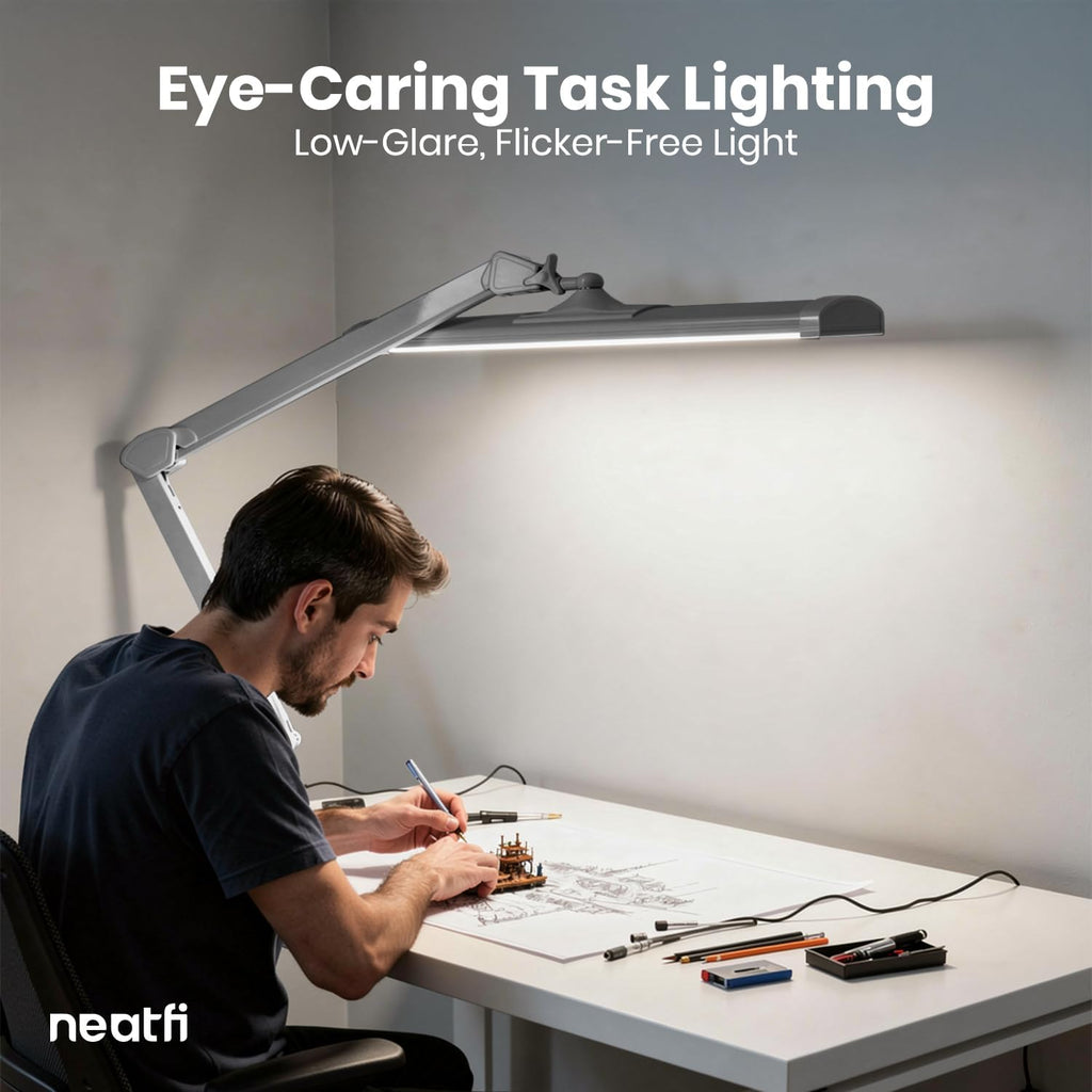 Neatfi Ultra 3,500 Lumens LED Desk Lamp with Clamp – 45W, 270 SMD LEDs, Shadow-Free | Adjustable Brightness | Task Light for Nail, Craft & Office (Silver, 26-Inch Wide Shade)