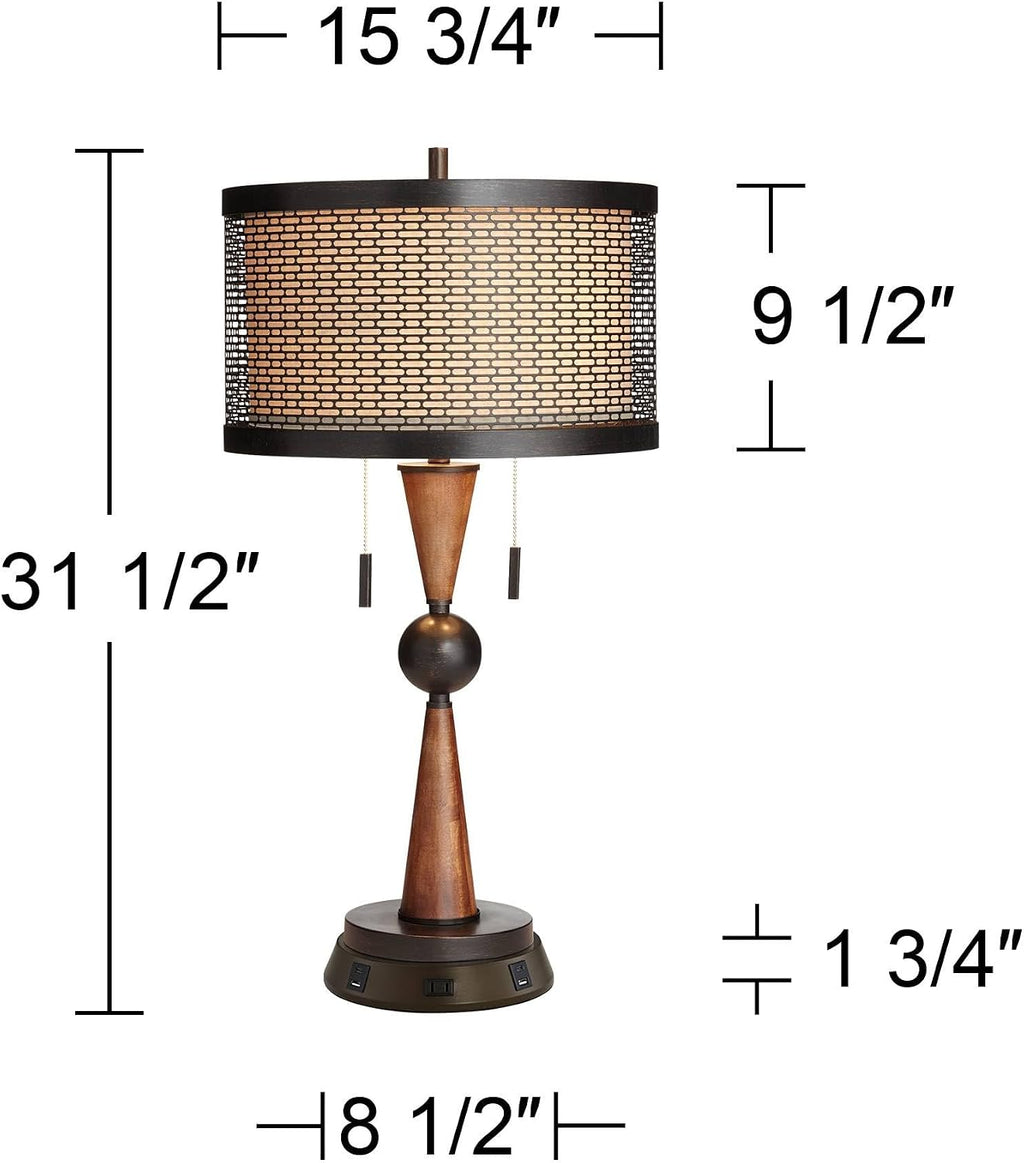 Franklin Iron Works Hunter Rustic Farmhouse Table Lamp with USB and AC Power Outlet Workstation Charging Base 28.75' Tall Bronze Cherry Wood Double Drum Shade for Living Room Bedroom House Bedside
