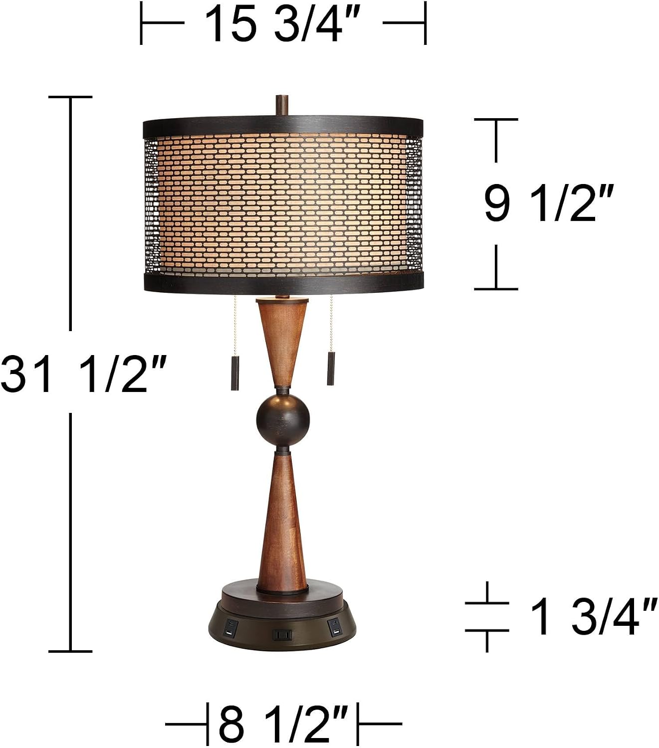 Franklin Iron Works Hunter Rustic Farmhouse Table Lamp with USB and AC Power Outlet Workstation Charging Base 28.75' Tall Bronze Cherry Wood Double Drum Shade for Living Room Bedroom House Bedside