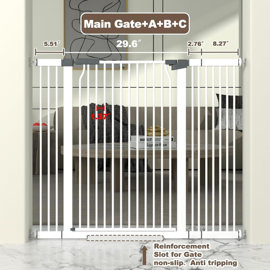 41' Extra Tall Cat Gate for Doorway, 40.6-49.1'' Metal Pet Baby Safe Gate, Extra Wide Pressure Mounted Child Door with Expansion Kit, No Drilling Cat Fence Indoor, Tall Dog Gate, White
