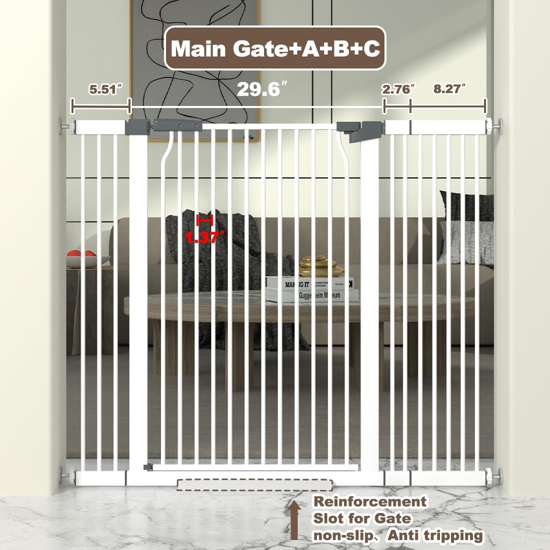 41' Extra Tall Cat Gate for Doorway, 40.6-49.1'' Metal Pet Baby Safe Gate, Extra Wide Pressure Mounted Child Door with Expansion Kit, No Drilling Cat Fence Indoor, Tall Dog Gate, White