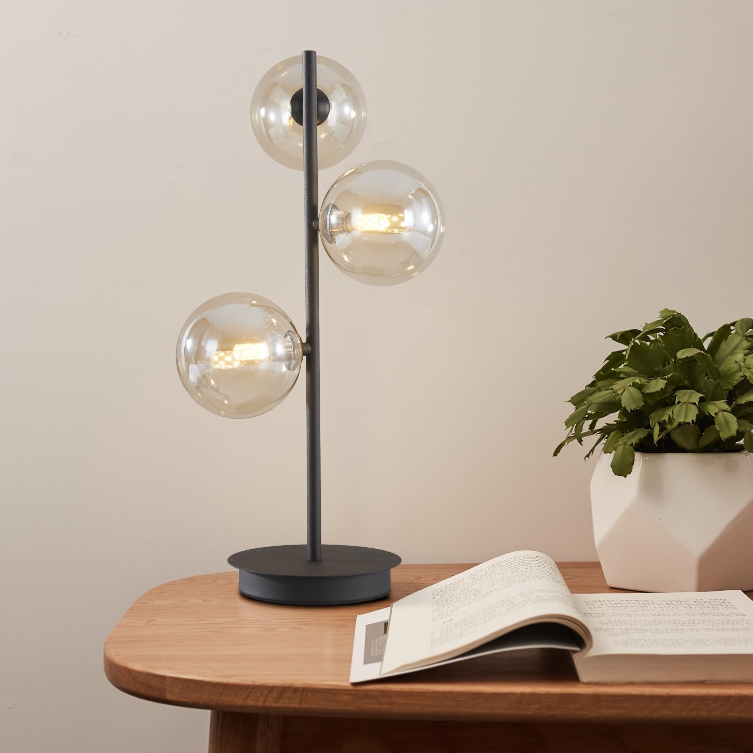 Mid Century Modern 3 Lights Globe Table Lamp Contemporary Minimalist Tall Bedside Desk Lamp Farmhouse Cognac Glass Nightstand Lamps Vintage Reading Light for Bedroom Living Room MTL03-B