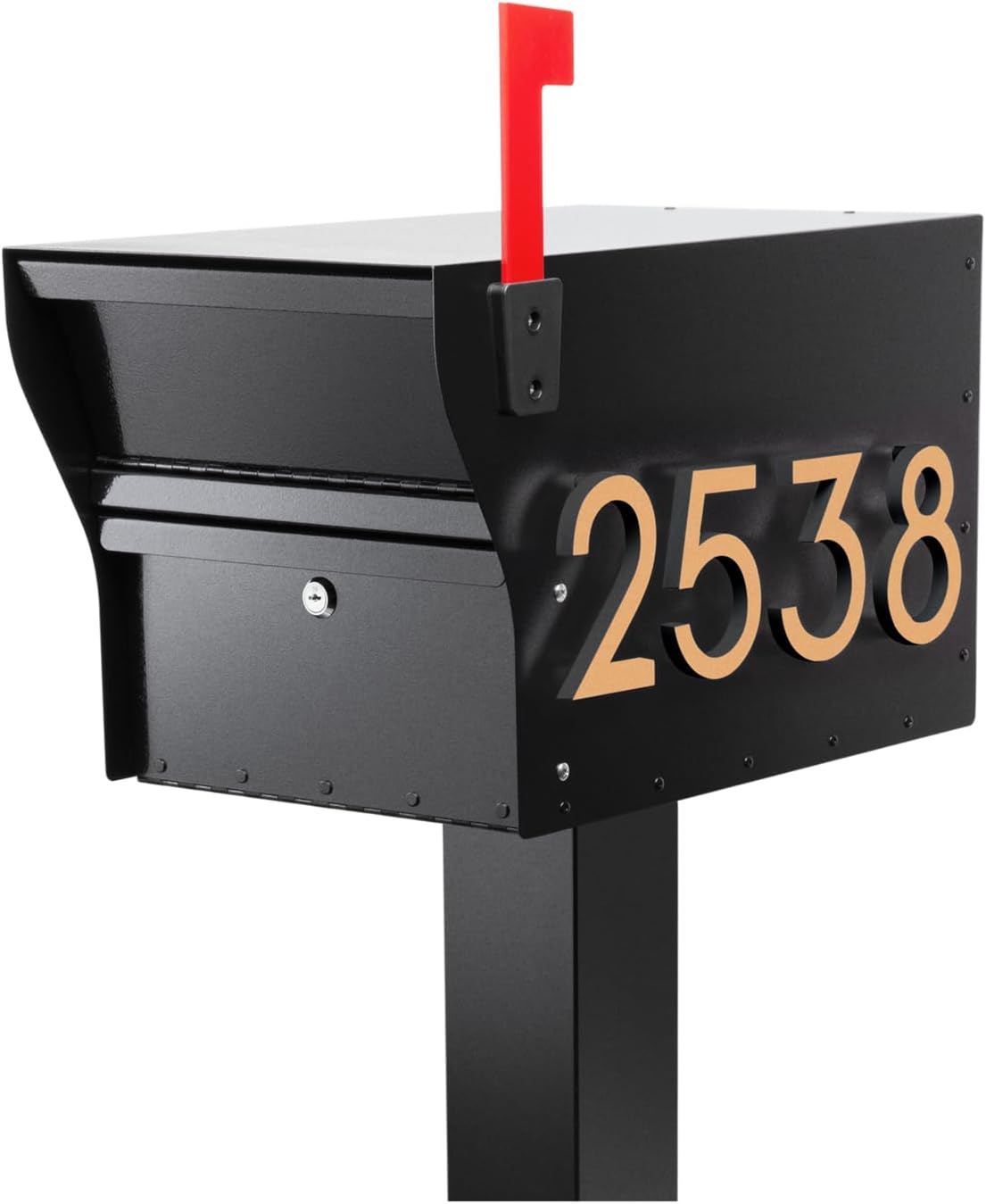 Whitehall MailVault Streetside Locking Mailbox with Standard Post and Personalizable Stand-Off Numbers – Steel, Secure Weather Resistant Modern Square Mailbox & Post (Black/Gold)