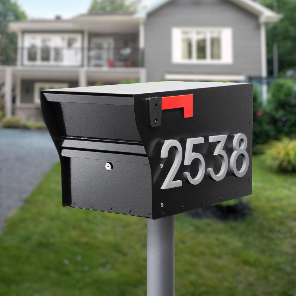 Whitehall MailVault Streetside Locking Mailbox, Personalize with Modern Stand-Off Address Numbers Package – Steel, Secure Weather Resistant Modern Square Mailbox (Black/Silver)