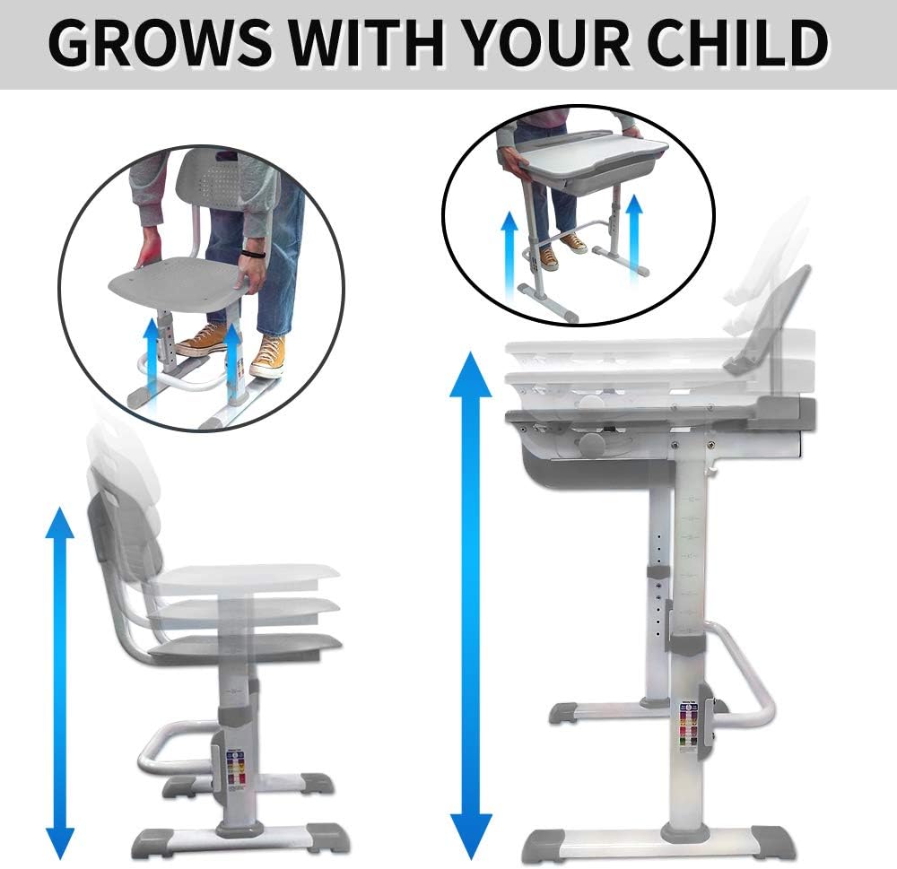 Cantonape Kids Desk and Chair Set, Height Adjustable Children School Study Desk with Tilt Desktop, Bookstand, LED Lamp, Metal Hook and Storage Drawer for Boys Girls, Grey