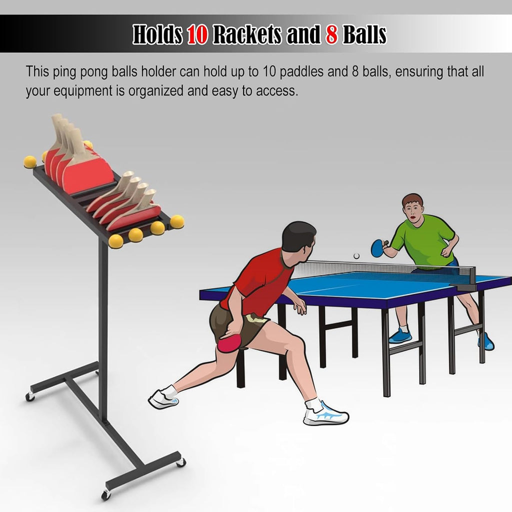 ERRULAN Ping Pong Paddles Holder Floor Stand, Metal Table Tennis Storage Rack for Game Room/Man Cave/Apartment - Holds 10 Paddles & 8 Balls, Black Display Holder Shelf Sport Equipment Organizer