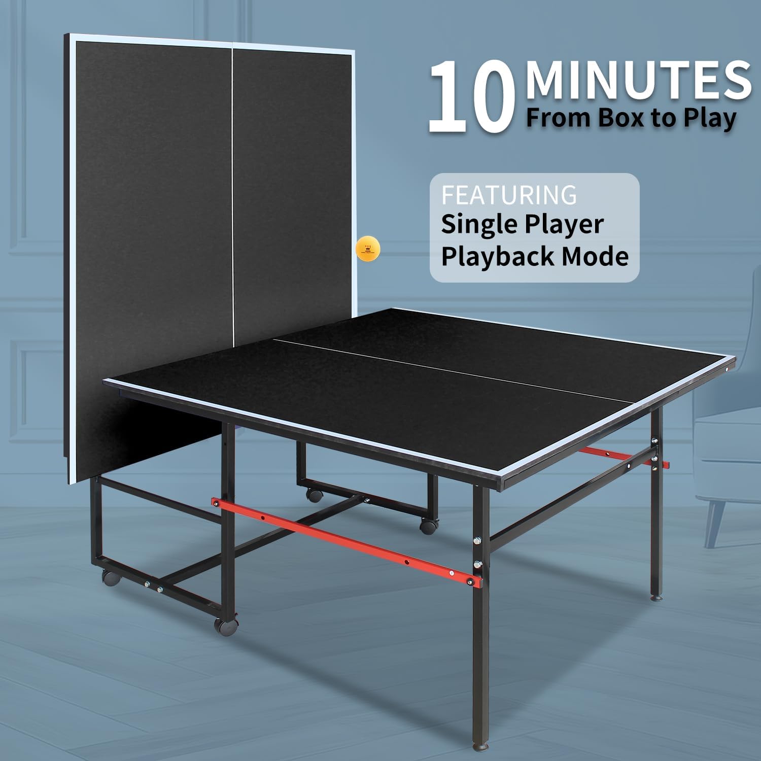 Professional Table Tennis Table, Foldable Ping Pong Game Set for Indoor, 8FT 9FT Single Player Playback Mode Ping Pong Table with Net and Post Set, 2 Paddles and 3 Balls (Black-8x4ft)