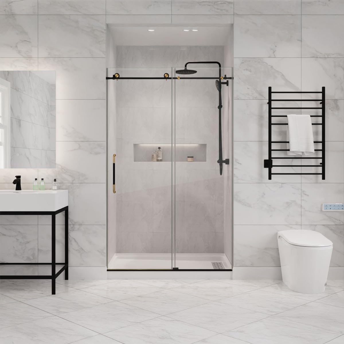 ANZZI Frameless Shower Door 76' x 48' Frameless Shower Door with Sliding - Matte Black and Brushed Gold - Madam Series (SD-AZ13-01MBBG)