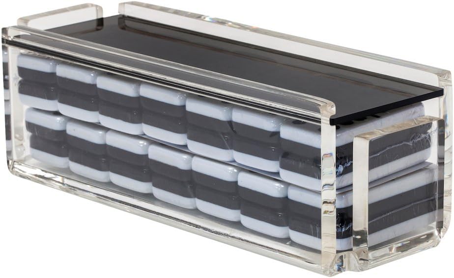 Modern Double Six Jumbo Tiles Dominoes Set, Acrylic Box with Acrylic Lid, Professional Two Toned Black and White Dominoes, Brass Center Rivet, Made in USA (Black)