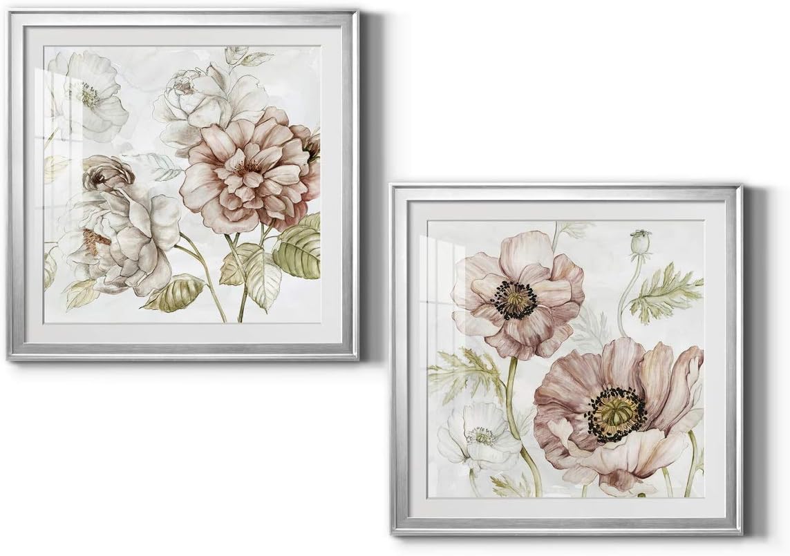 Floral Wall Art, Wall Décor Print, Classic, Geometric, Abstract, Transitional, & Country Chic, With Matte Board, Acrylic Glass, and Hanging Hardware - Washed Botanical III - Silver Framed 30X30