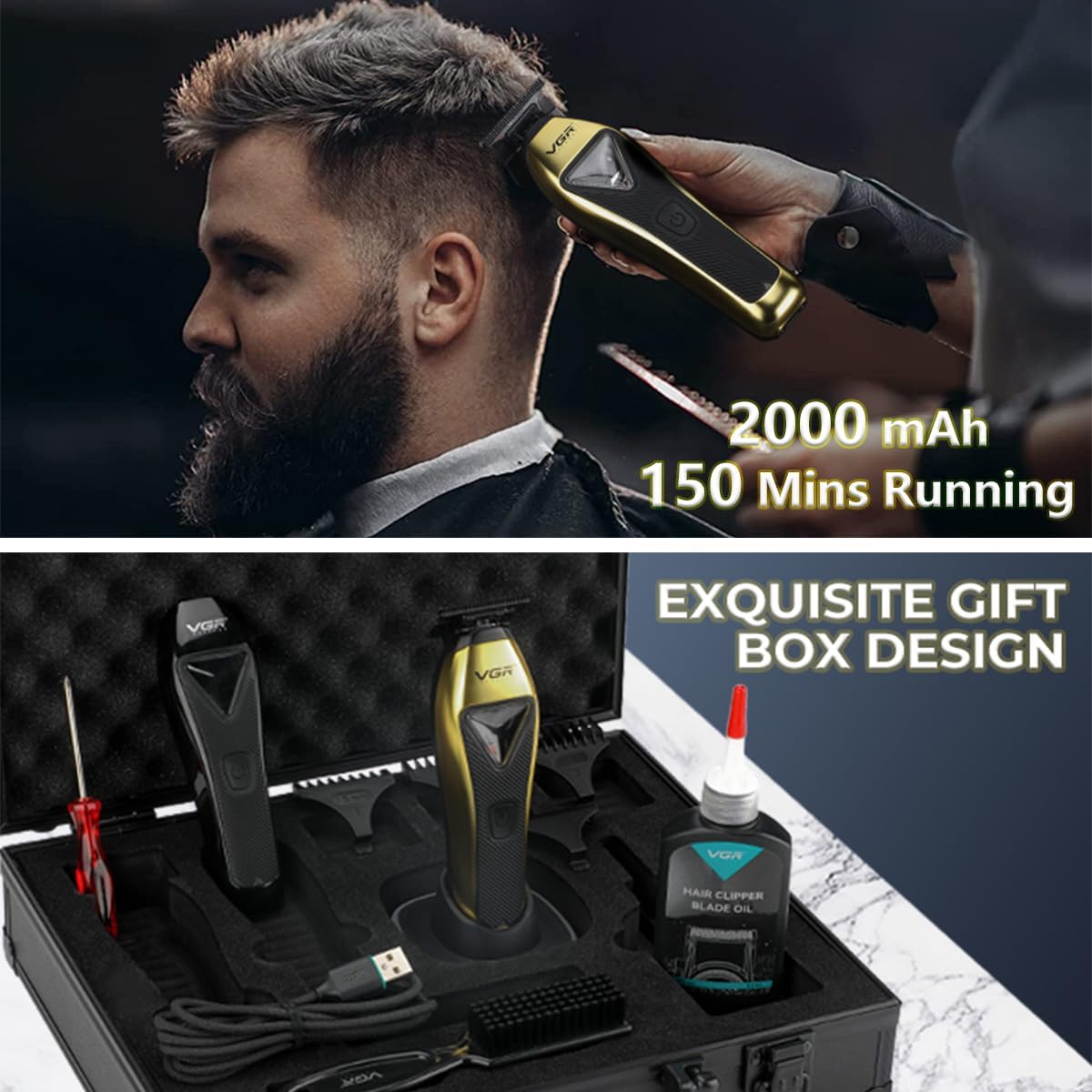 VGR 994 Vector Motor Hair Trimmer for Men, 10000 RPM Professional Hair Clippers Beard Trimmer, DLC T Blade Trimmers for Barbers, Cordless Zero Gapped Line Up Clippers with Metal Body, Travel Case