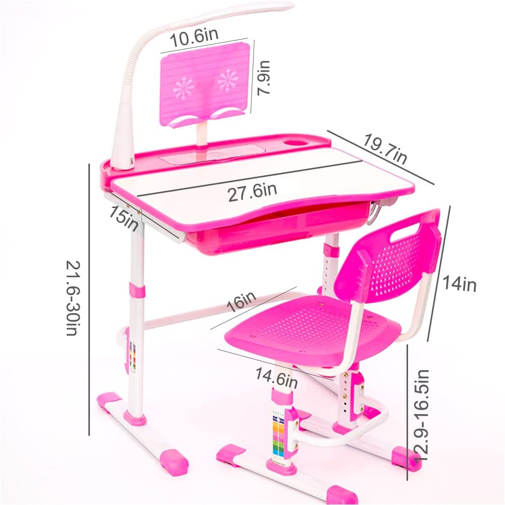 Yinleader Kids Desk and Chair Set,Height Adjustable,Spacious Storage Drawer,with Adjustable Tilted Desktop, Bookstand, Touch Led Lamp for School Student(Pink)