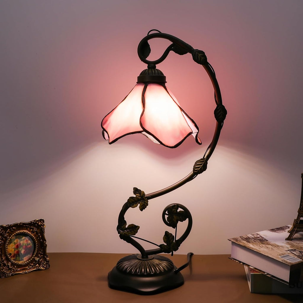 Stained Glass Table Lamp, Pink Flower Design 10x20 Inch Reading Light, 3 Color Temperature LED Bulb for Bedroom Living Room Office Decor